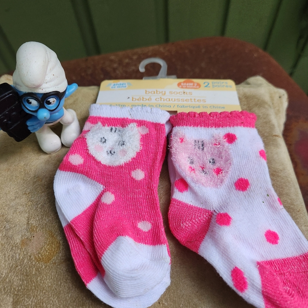 Angel of Mine (2) Sets of Kitten  Pink and White Polka Dot Baby Socks BN
